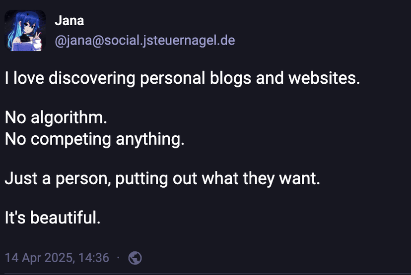 Screenshot of social post mentioning how fun it is to discover blogs and personal websites