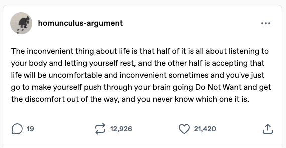 Screenshot of Tumblr post: The inconvenient thing about life is that half of it is all about listening to your body and letting yourself rest, and the other half is accepting that life will be uncomfortable and inconvenient sometimes